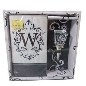 Cypress Home Monogram Gift Set Initial "W" Wine Stopper and Napkins Black White